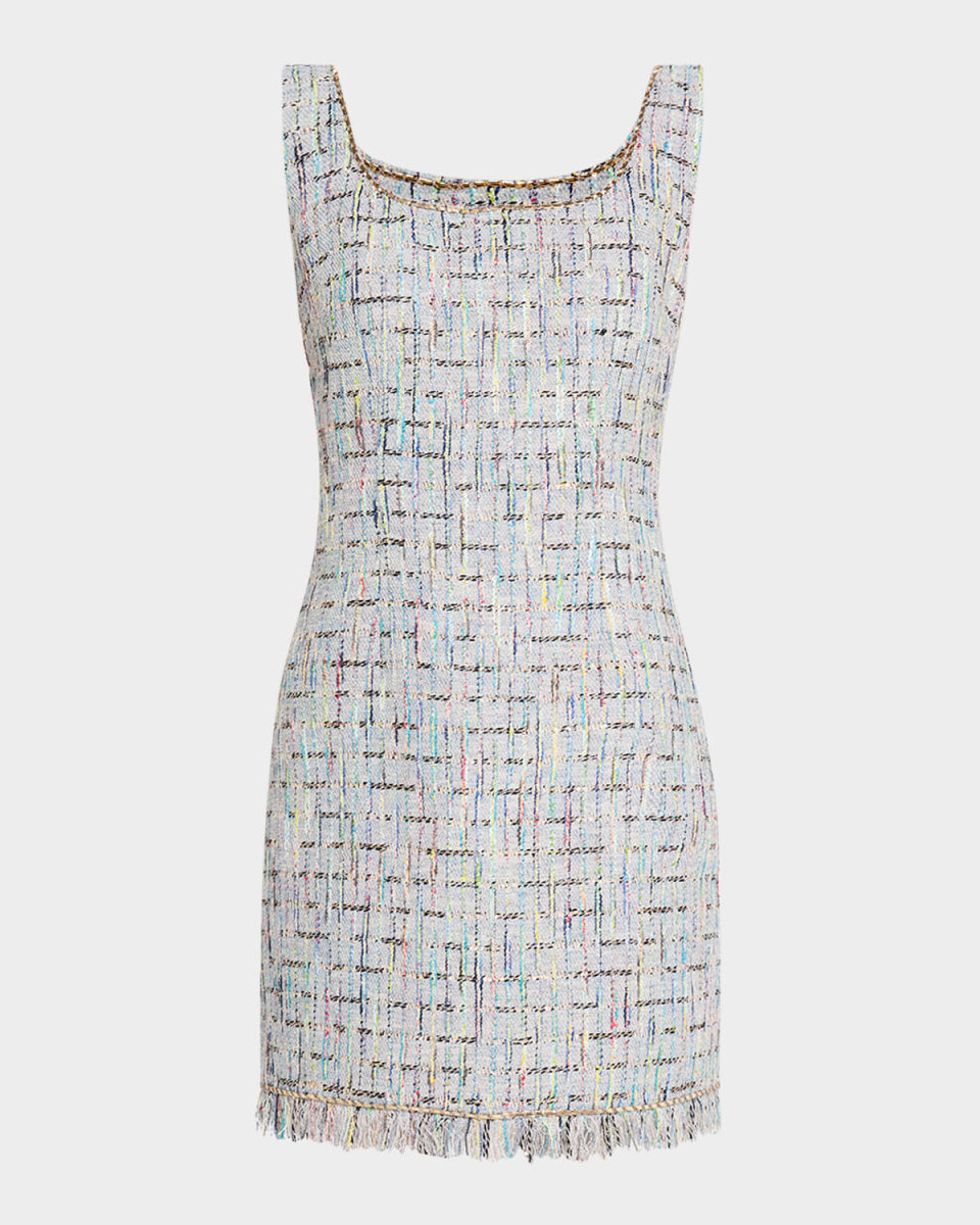 Novi Sleeveless Fringe-Trim Tweed Mini Dress